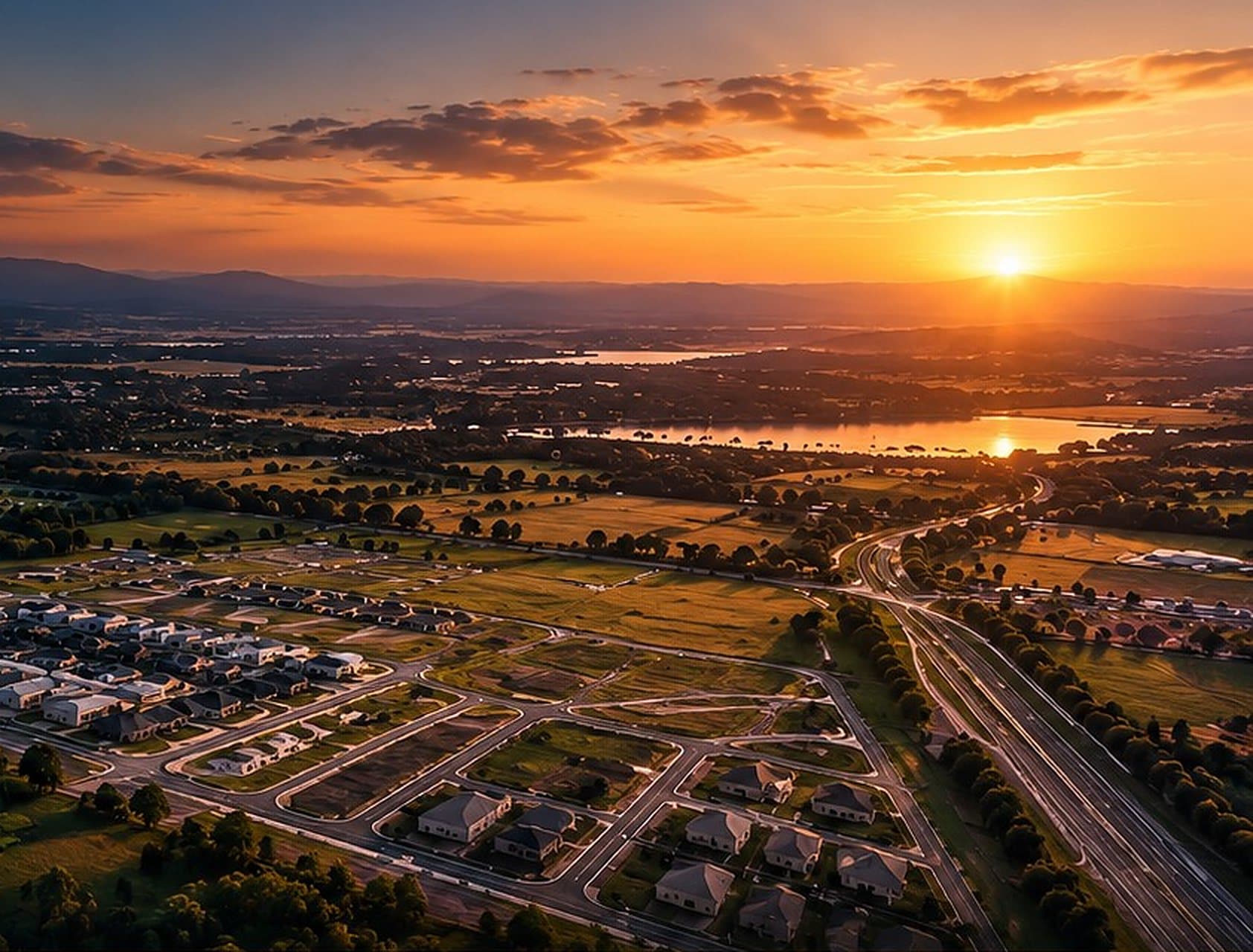 Aerial view of a growth corridor at sunset — new communities, open land and a highway